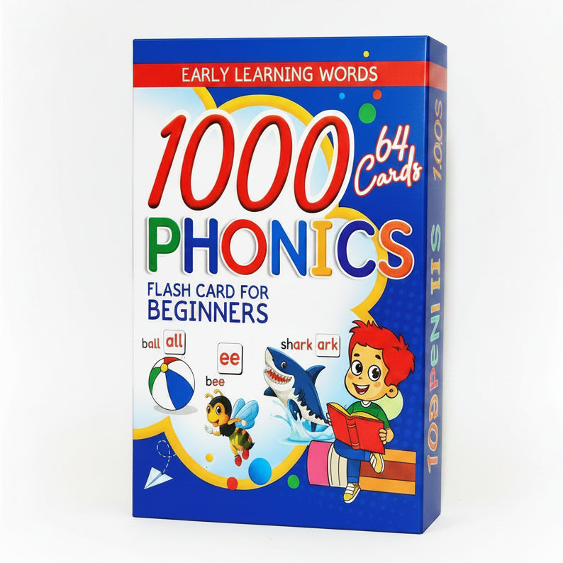 A boxed children's flash card set titled "1000 Phonics" with "64 Cards" on the front. The package is predominantly blue with large multicolored title text and cartoon illustrations including a child reading, a bee, a shark, and example words like "ball," "all," "ee," and "bee.