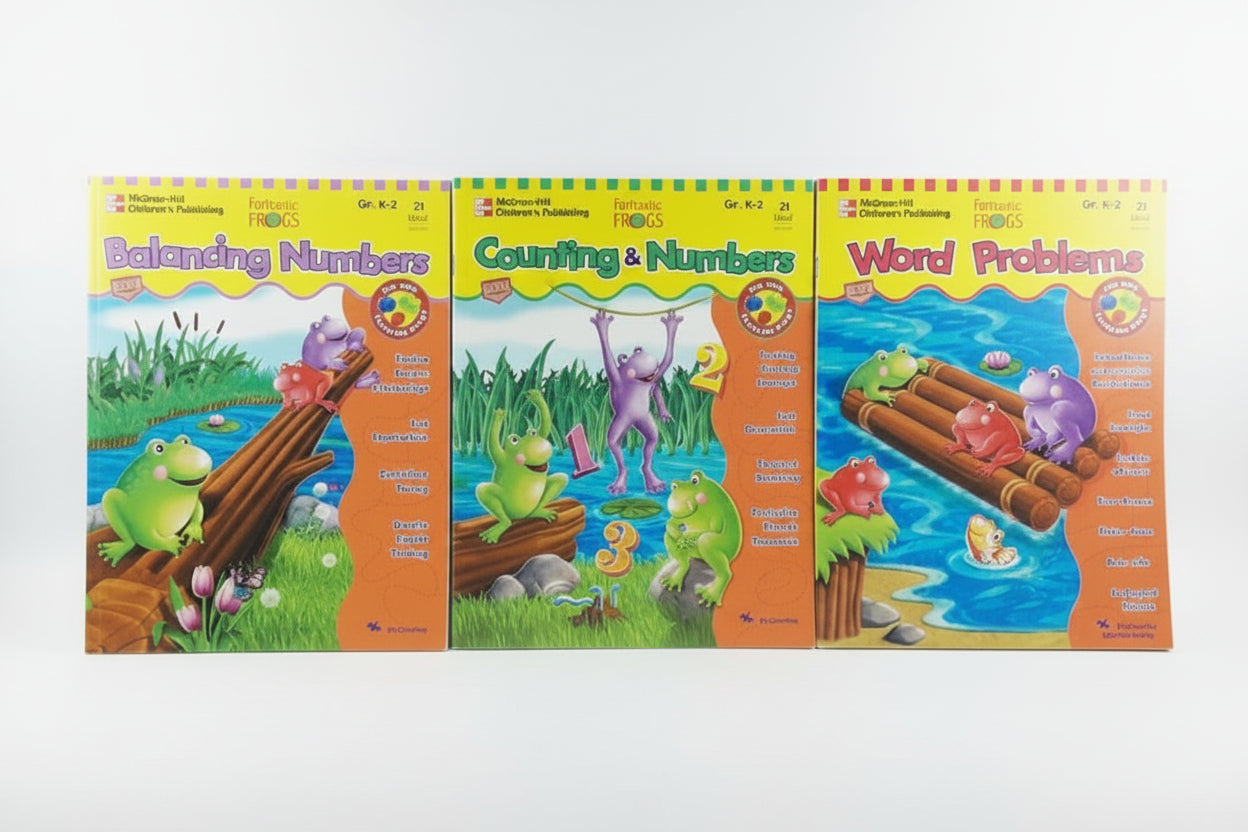 Three children's educational books from Balancer Publications titled 'Balancing Numbers', 'Counting & Numbers', and 'Word Problems', displayed side-by-side on a white marble surface.