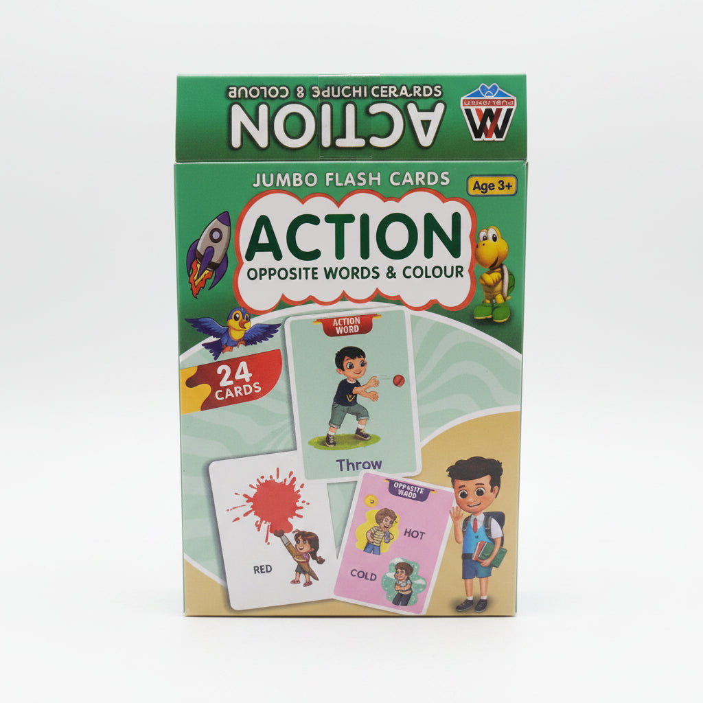 Action flash cards with opposite words and colors on a grassy background