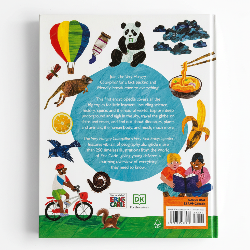 The back cover of the children's book 'The Very Hungry Caterpillar' featuring colorful illustrations of themes and topics discussed in the book, including a panda, hot air balloon, dinosaur, bicycle, and children reading, on a white background with a blue central circle.