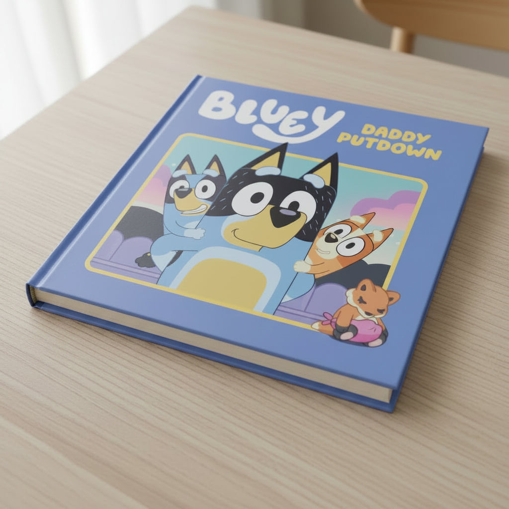 Bluey 'Daddy Putdown' children's book cover held by a hand, featuring Bluey, Bingo, Bandit, and Chilli on a blue background.