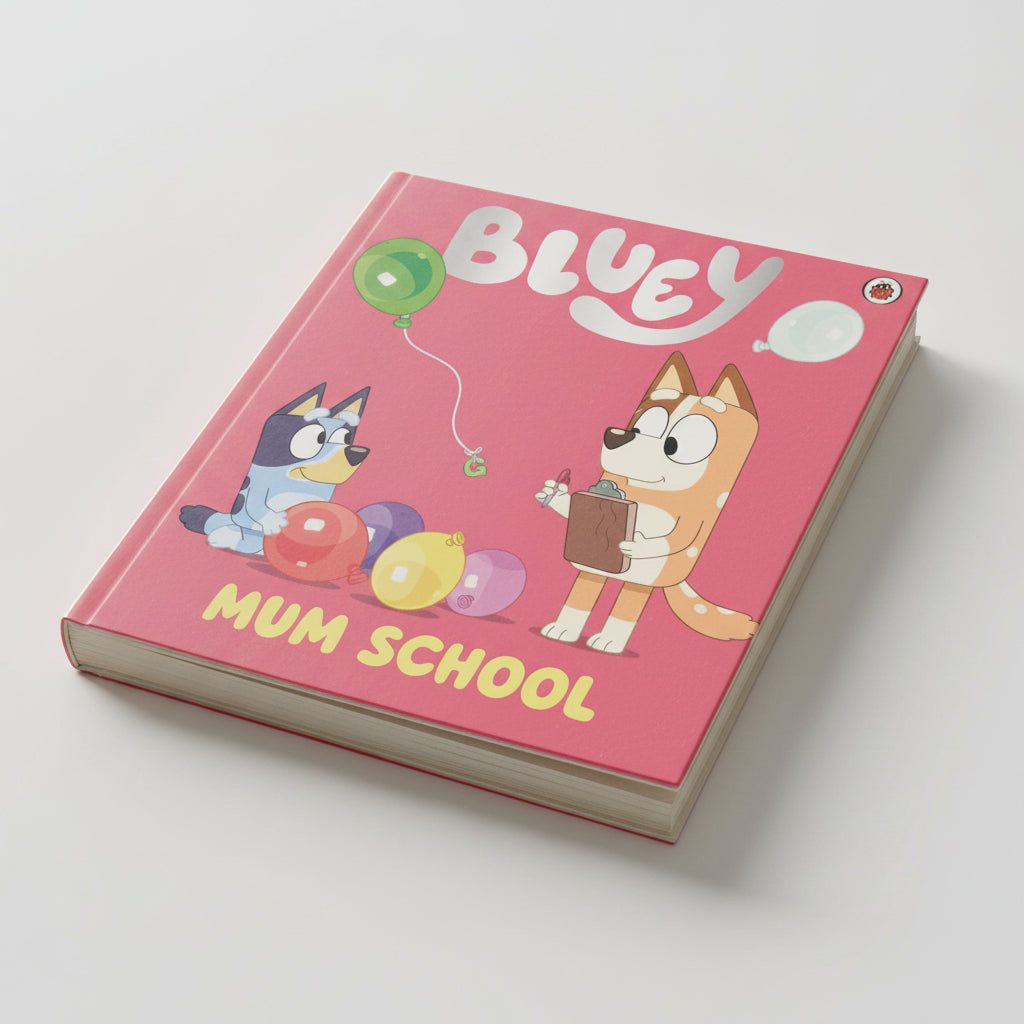 Children's book cover for 'Bluey: Mum School' featuring the Bluey characters on a pink background with colorful balloons and the title text.