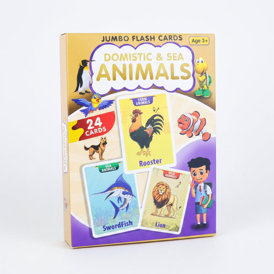 Jumbo flash cards for domestic and sea animals with colorful illustrations on a white background.