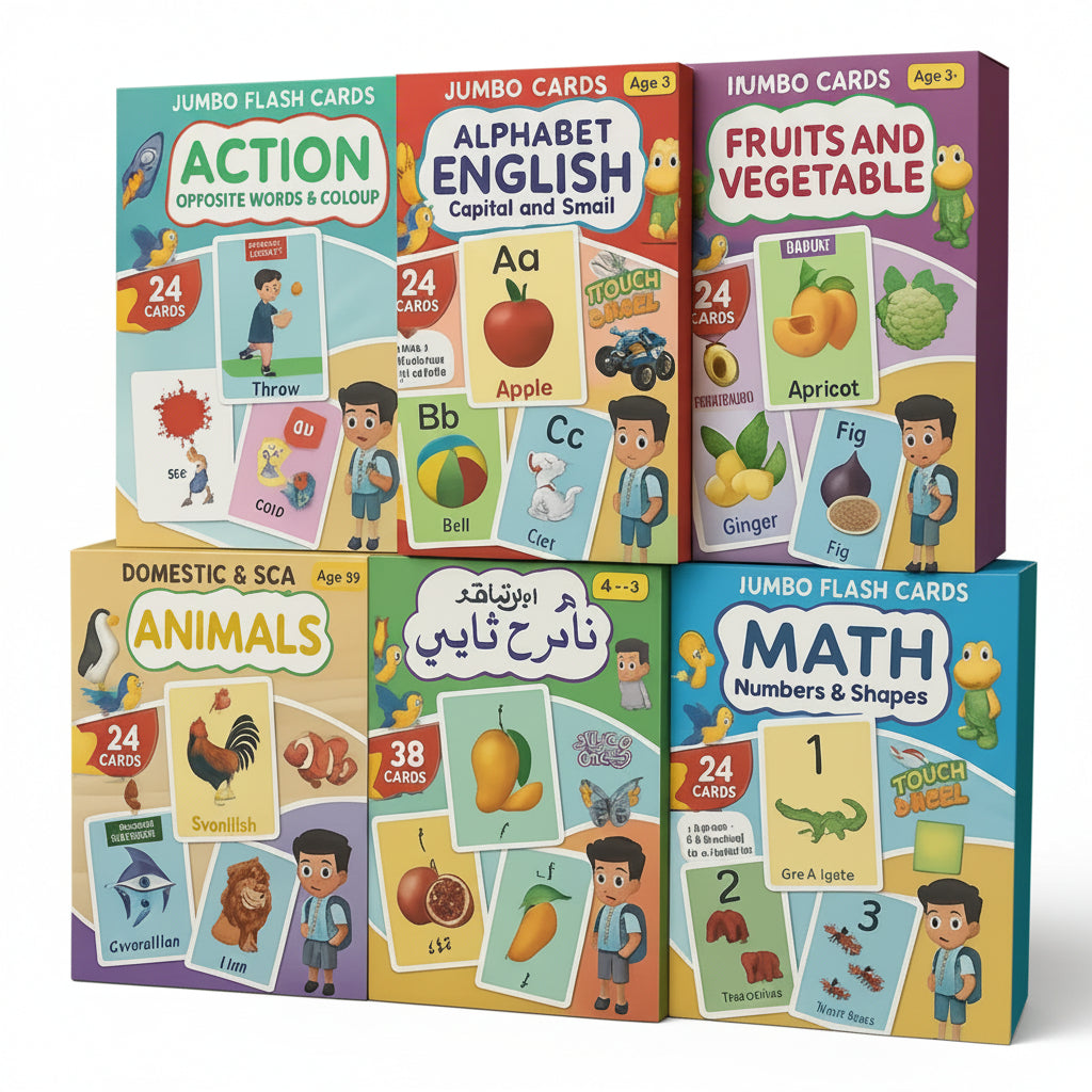 Six colorful jumbo flash cards and card boxes arranged in a 2x3 grid on a wooden surface. The boxes are labeled for different educational categories: Action, Alphabet English, Fruits and Vegetable, Animals, Math, and Domestc & SCA.