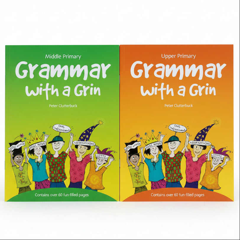 Two books titled 'Grammar with a Grin' on a wooden surface