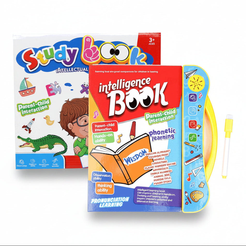 A children's educational set featuring a colorful 'Study Look' parent-child interaction book, an 'intelligence book' phonetic learning book, and a yellow magnetic lettering tool on a plain white background.