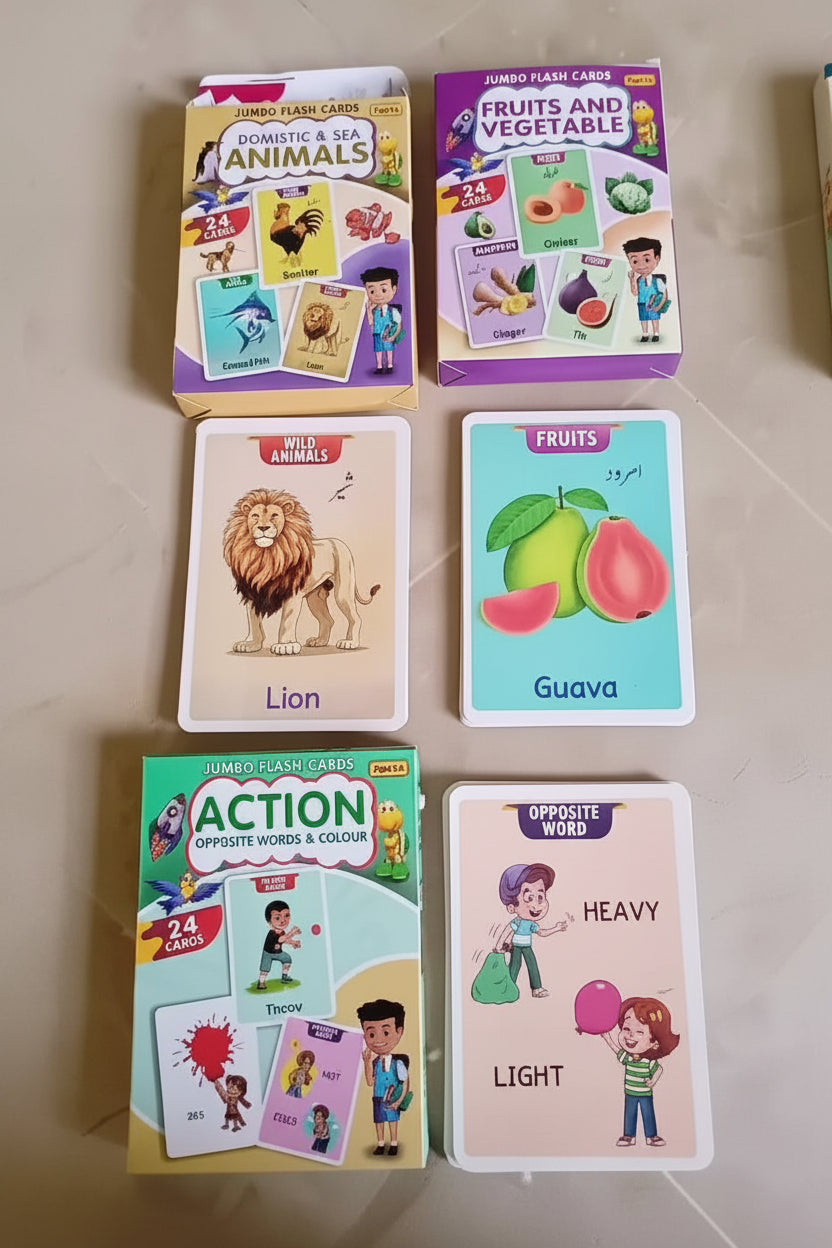 Collection of educational flashcards on a tiled floor