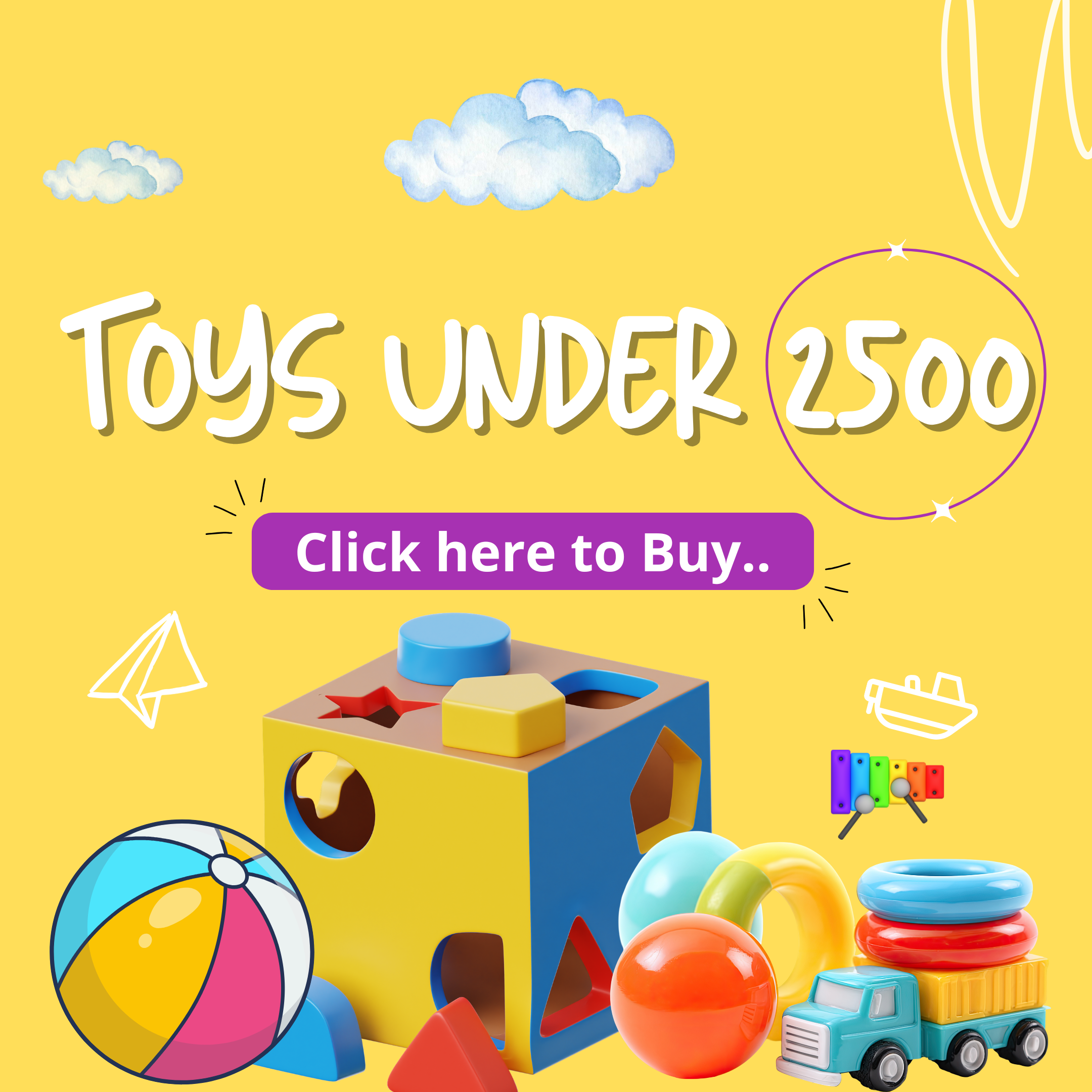 Promotional image with toys and text on a yellow background