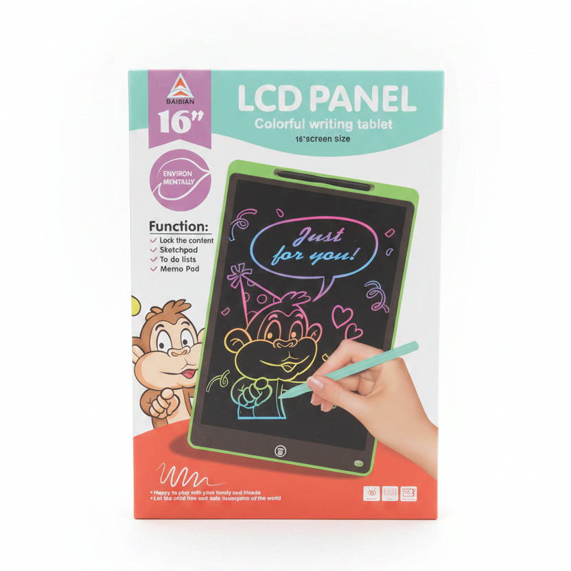 A 16-inch LCD colorful writing tablet in its retail packaging, held by a hand. The box features a cartoon monkey and shows the tablet with a green border and a light blue stylus drawing on the screen.