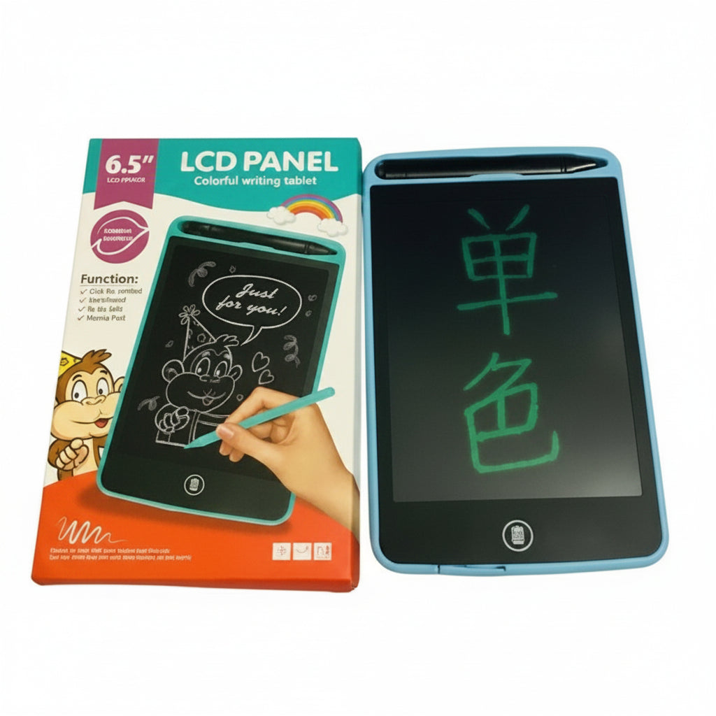 A 6.5-inch LCD writing tablet shown next to its retail packaging box.