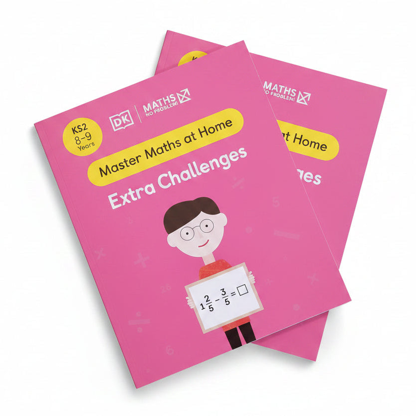 Pink books titled 'Master Maths at Home Extra Challenges' on a grass background
