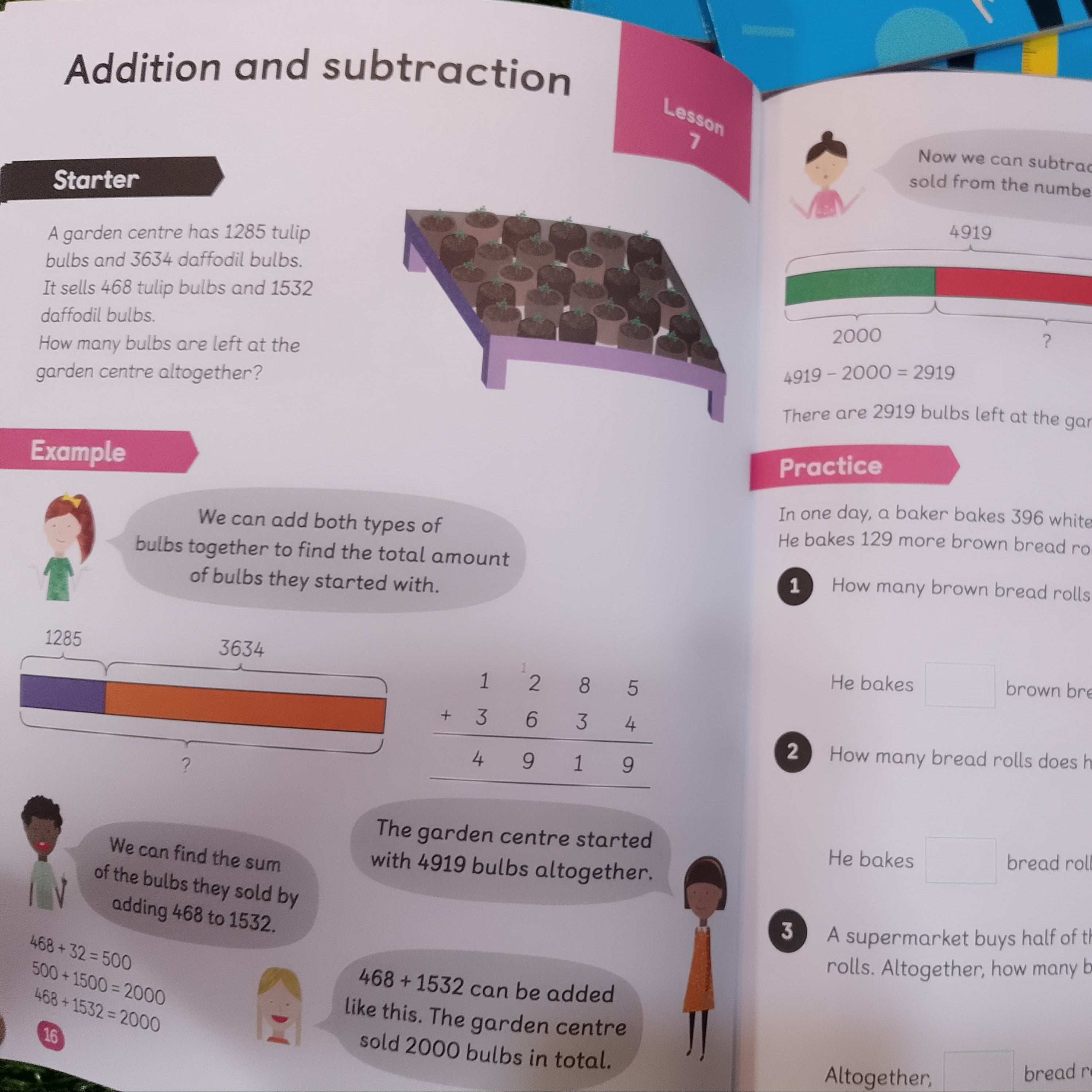 Mathematics textbook with addition and subtraction exercises on a green background
