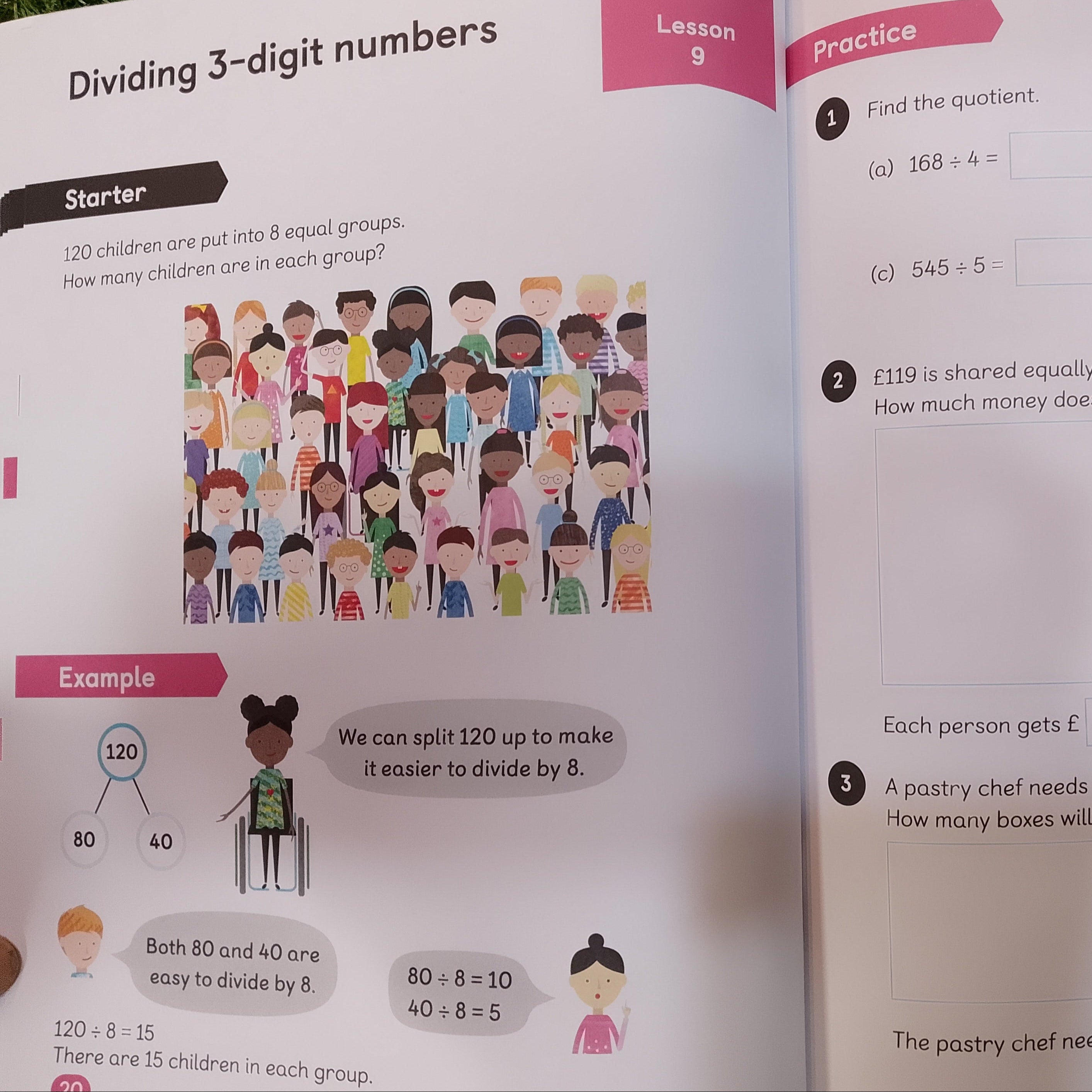 Open book with educational content on dividing 3-digit numbers, featuring illustrations of people.