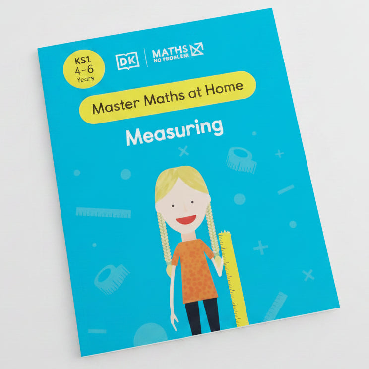 Book titled 'Master Maths at Home: Measuring' by DK on a grass background