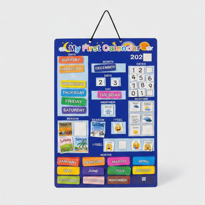 A colorful children's magnetic first calendar board with days of the week, dates, months, weather, and seasonal blocks, photographed in a store setting.
