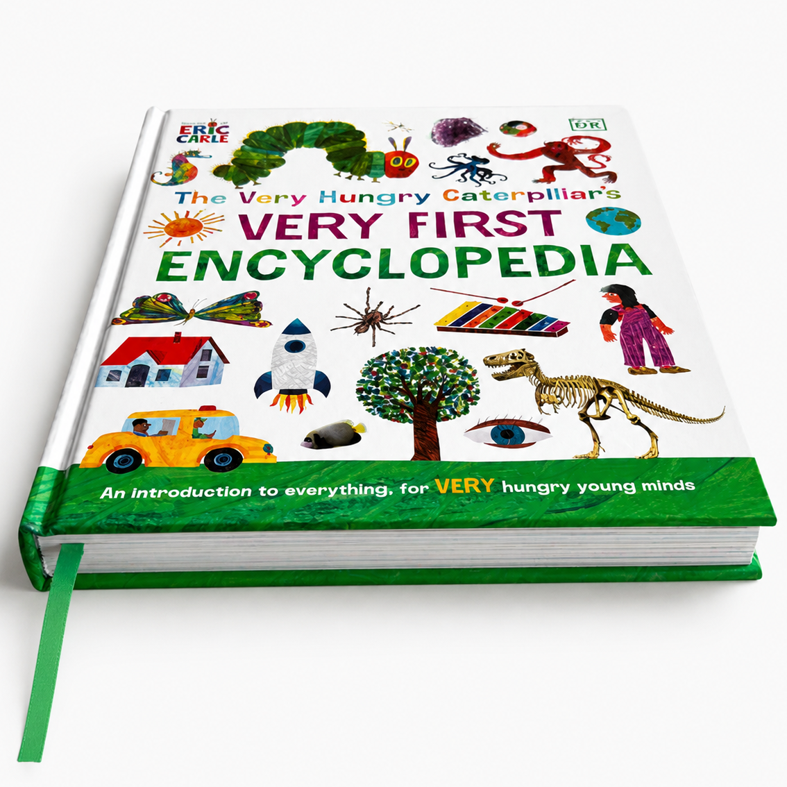 The Very Hungry Caterpillar's Very First Encyclopedia book with a white cover covered in colorful illustrations, a green spine and ribbon bookmark, shown on a light gray background.