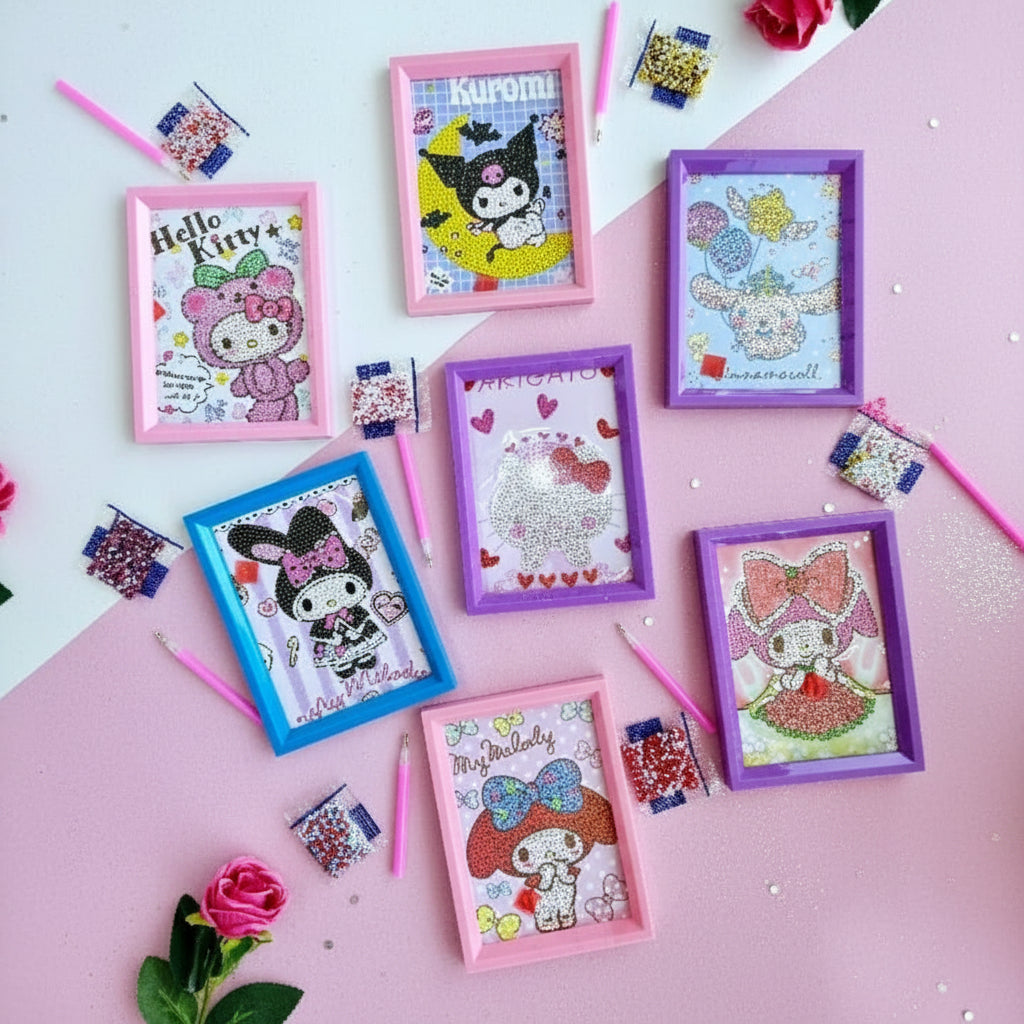 Six small decorative frames with colorful cartoon character prints arranged on a pink background, with glittery pencils and small flowers around them.