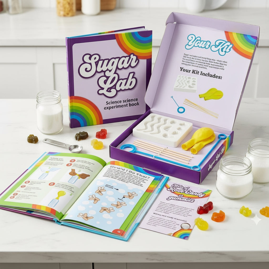 A colorful 'Sugar Lab' DIY candy and science experiment kit displayed on a white countertop. The open box shows white molds, yellow silicone molds, wooden sticks, and small colorful candies, next to the book 'Sugar Lab: Science science experiment book' and open instruction pages.