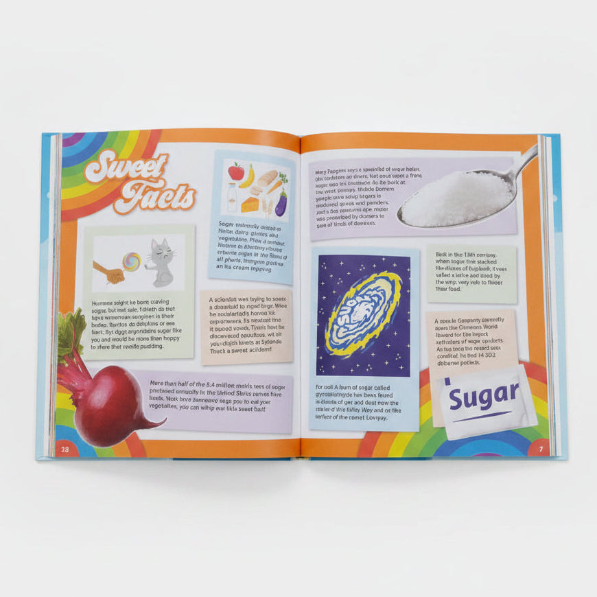 An open children's activity book or booklet showing colorful pages about sweet treats, with illustrations of a radish, a cat, a spoon, and a sugar packet on a light floor.