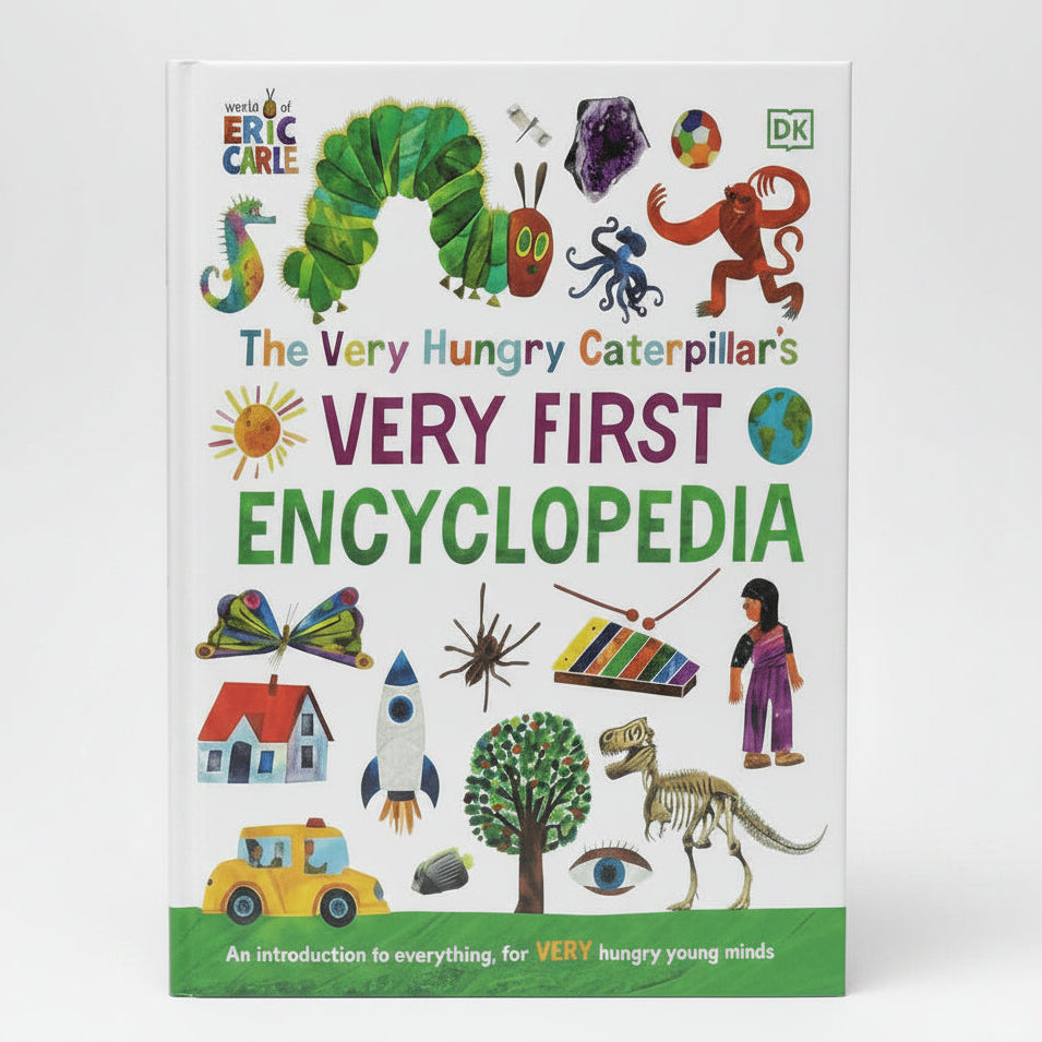 The Very Hungry Caterpillar's Very First Encyclopedia book by DK, featuring colorful illustrations of the caterpillar and educational themes on a white cover.