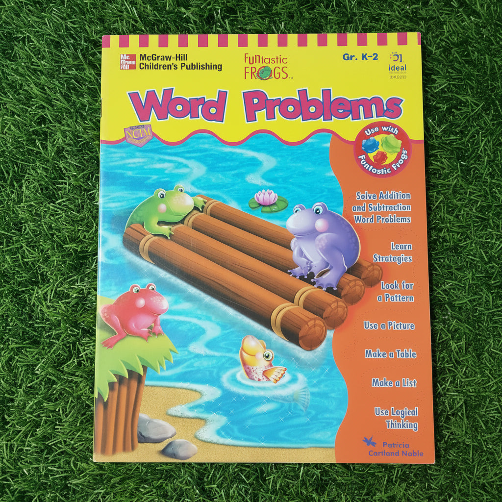 A children's workbook titled 'Word Problems' by McGraw-Hill Children's Publishing, featuring a colorful cartoon cover with frogs on a bamboo raft on water, placed on green grass.