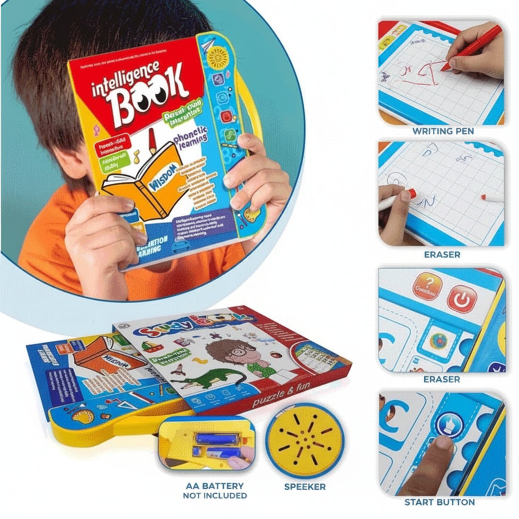 Educational toy set with book, pen, eraser, and buttons for children's learning.