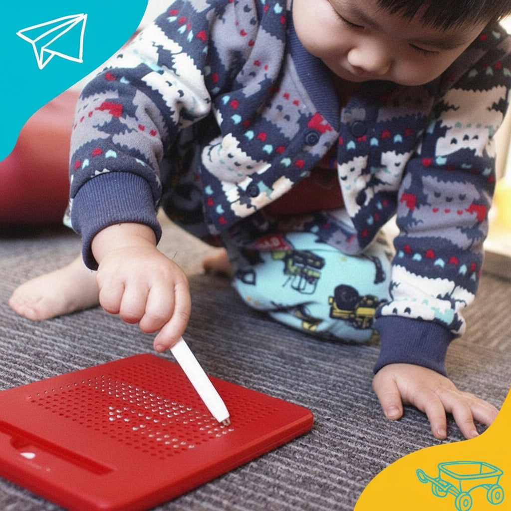 Child playing with a red educational toy on a gray surface