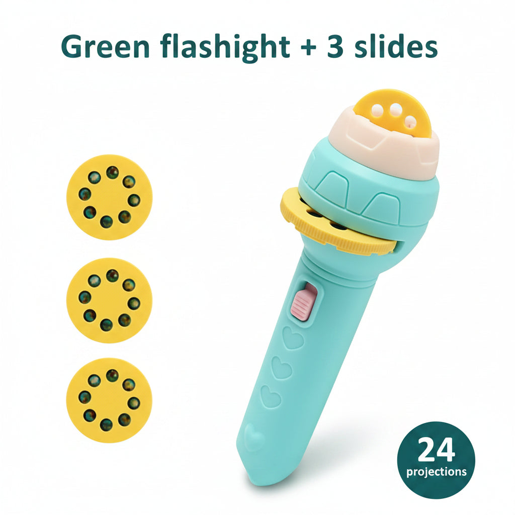 Green flashlight with yellow slides on a light blue background