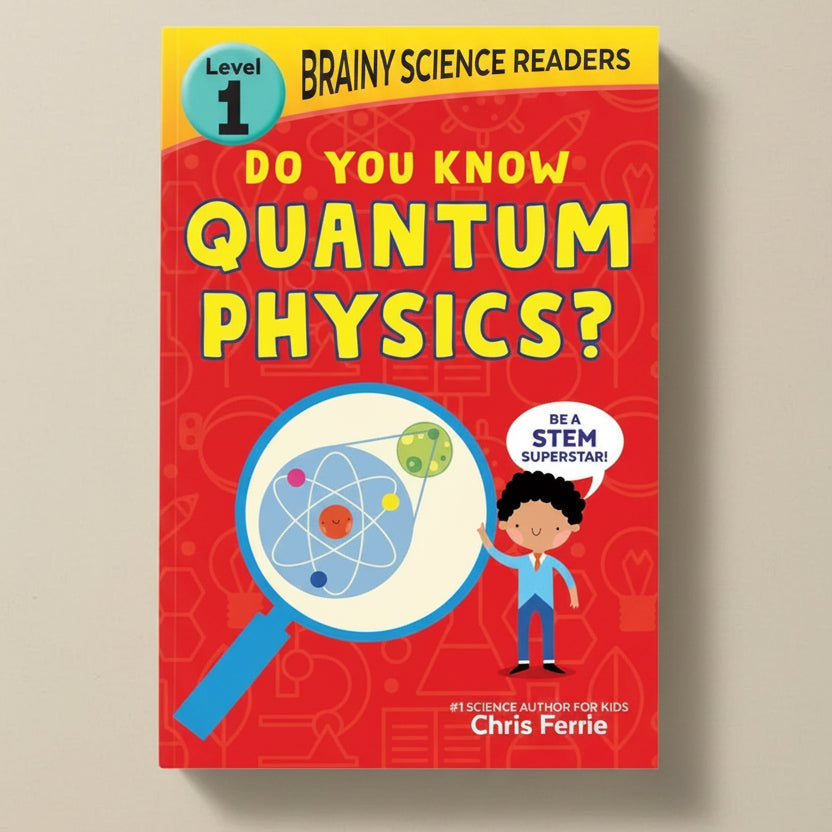 Front cover of the children's book 'Do You Know Quantum Physics?' by Chris Ferrie, featuring a bright red background with large yellow title text, a magnifying glass illustration over an atom diagram, and a cartoon child.