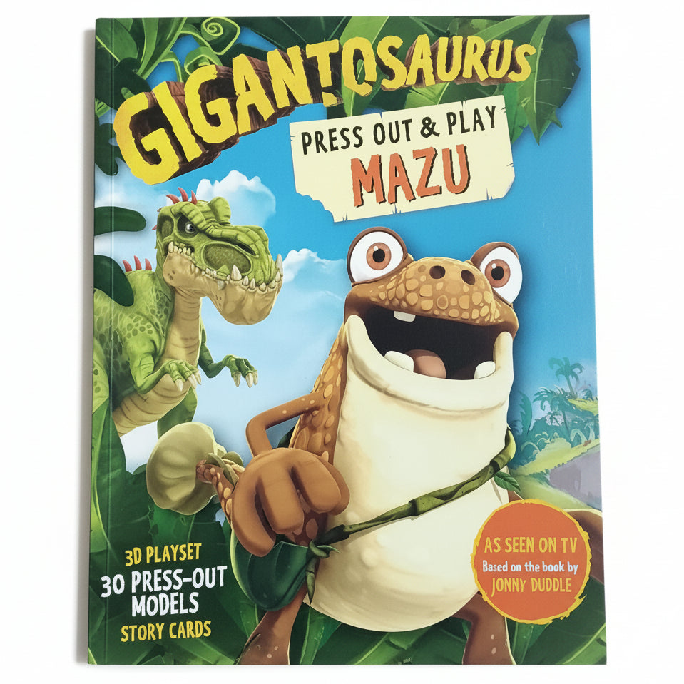 Gigantosaurus press-out and play Mazu book held on grass